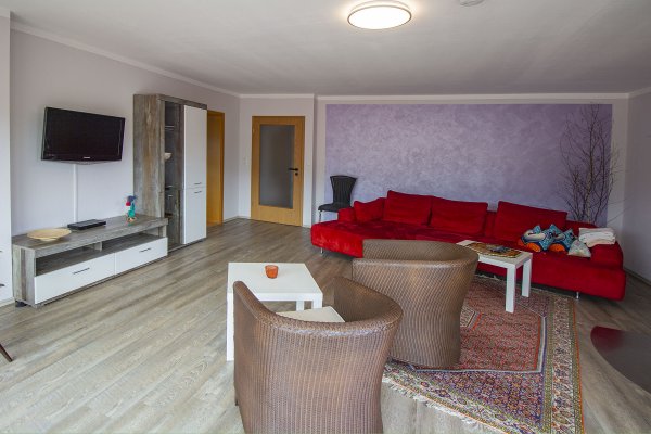 Wohnzimmer mit TV und großer Couch in der Ferienwohnung in Oppenau